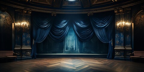 a stage with blue curtains and a mirror in the background