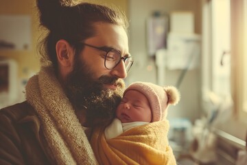 A man, likely a new father, holds a newborn baby wrapped in a blanket in a maternity ward. - obrazy, fototapety, plakaty