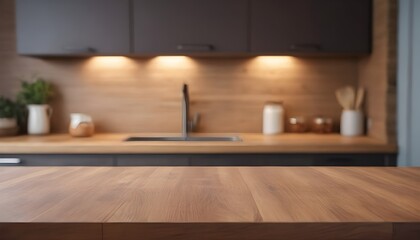 Fototapeta na wymiar Empty-beautiful-wood-table-top-counter-and-blur-bokeh-modern-kitchen-interior-background