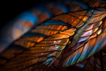 Close-up photo of the vibrant colors and textures of a butterfly s wing, beautiful lighting, back ligthing, multicolours, glowing, using a 105mm macro lens, f 4 aperture, and 1 320 shutter speed, pl - obrazy, fototapety, plakaty