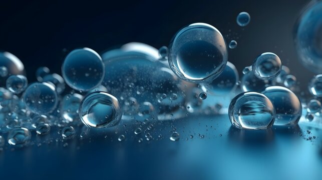 Create a 3D render of blue monochromatic water bubbles in motion against a blue gradient background, incorporating the golden ratio composition for visual balance. This mesmerizing graphic is ideafo