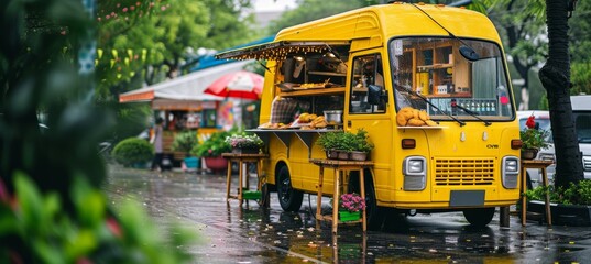 Obraz premium Colorful street food van selling delicious fast food with space for text placement