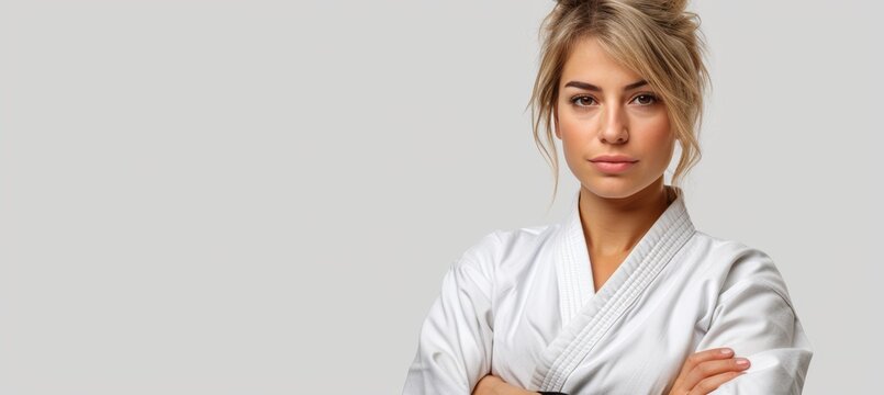 Happy european girl practicing judo or karate, looking away with space for text placement