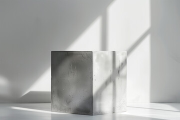 grey concrete podium for product presentation. white background. Minimalist. 3D rendering. Pedestal.