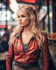 Fototapeta premium Thoughtful blonde in gray leather, alone with melancholic gaze.