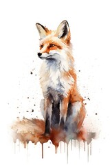 watercolor fox drawing with paints. art illustration of a wild animal on a white background. drops and splashes.