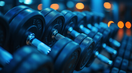Dumbbells on a rack in the gym. Fitness gym close up image