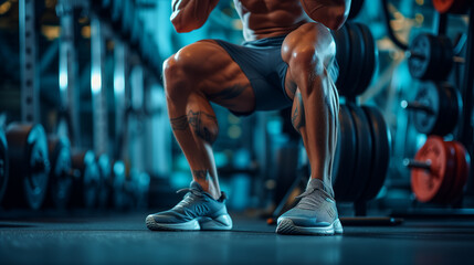 Fitness men doing thigh exercise in a gym background - obrazy, fototapety, plakaty