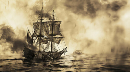 ancient photograph of a pirate ship from the 1800s sailing the ocean during a battle - 736646273