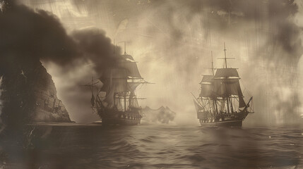 ancient photograph of two old pirate ships from the 1800s sailing the ocean during a battle - 736646278