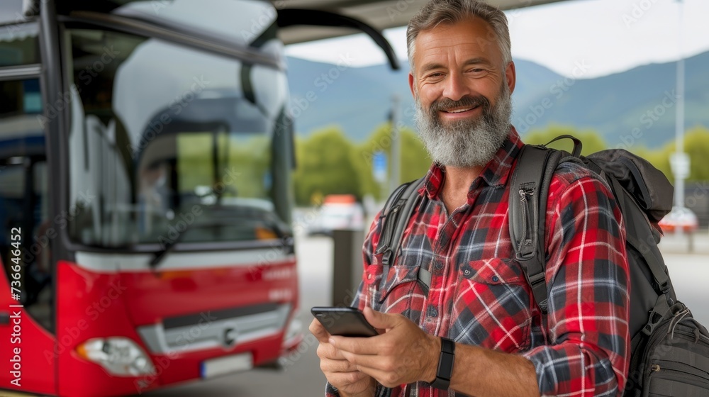 Poster bearded man smiling while using smartphone at bus station, modern technology concept.