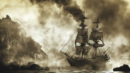 ancient photograph of a old pirate ship from the 1800s anchored near a mysterious caribbean, deserted island - 736646409