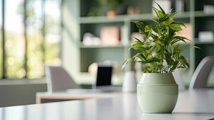 Tuinposter office interior, closeup, light and airy, white, green, grey © paisorn