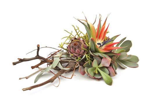 Rustic bouquet, design with Proteas, succulents, bird of paradise plant and dry twigs for a desert-inspired arrangement, isolated white background.