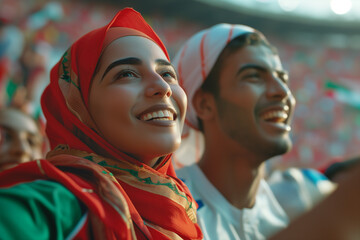 Algeria fans cheering on their team from the stands of sports stadium.