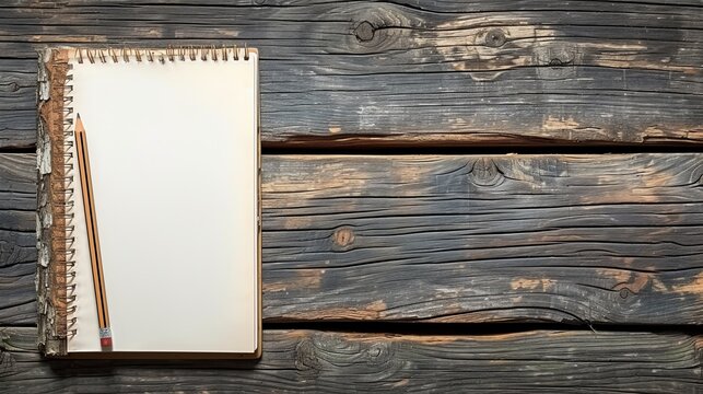 Top view of open spiral blank clear white paper notebook with pencil on wooden table desk background