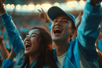 Deurstickers Kazakhstan fans cheering on their team from the stands of sports stadium. © josepperianes