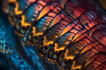 Close-up photo of the vibrant colors and textures of a butterfly s wing, using a 105mm macro lens, f 4 aperture, and 1 320 shutter speed, employing a narrow depth of field to focus on the intricatde - obrazy, fototapety, plakaty