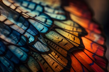 Close-up photo of the vibrant colors and textures of a butterfly s wing, using a 105mm macro lens, f 4 aperture, and 1 320 shutter speed, employing a narrow depth of field to focus on the intricatde - obrazy, fototapety, plakaty