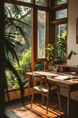 a desk and chair in a room with large windows