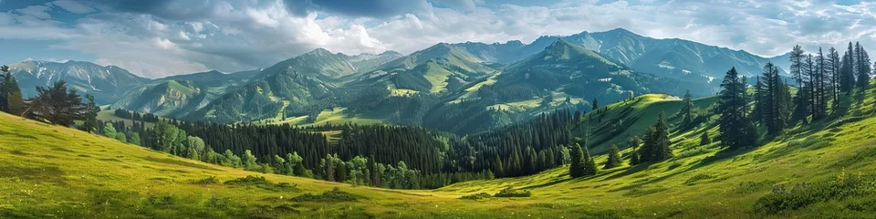 Photo sur Aluminium Bleu Jeans Panoramic view of a hilly landscape with lush green meadows and forests.