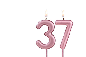 Lit birthday candle - Candle number 37 on white background