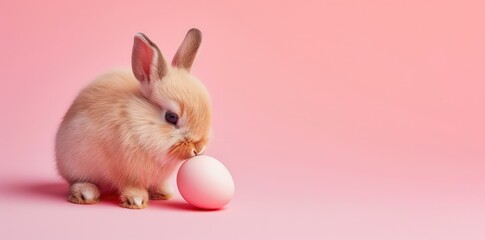 Cute Easter bunny with an Easter egg. Pink background wall.