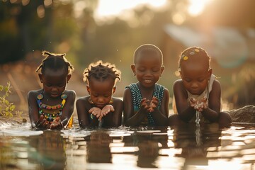 African children playing and having fun in the water. - obrazy, fototapety, plakaty