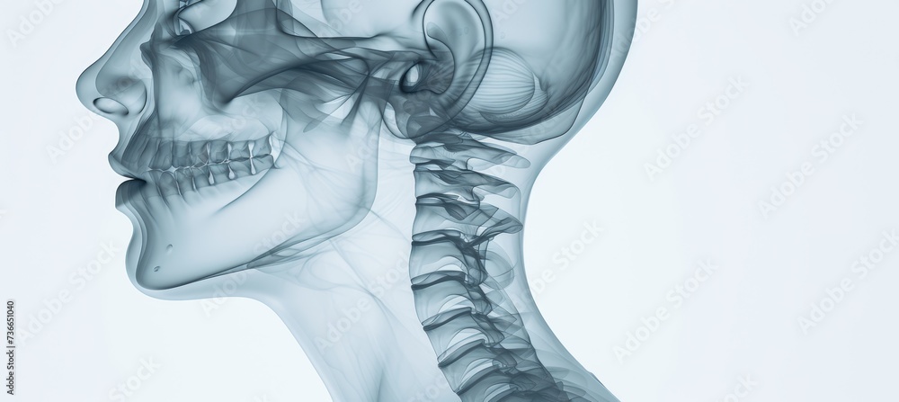 Poster woman using 3d digital x ray holographic sinus scan projection on blurred background with copy space