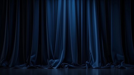 Realistic theater dark blue curtains with spotlight on stage, classic drapery template illustration