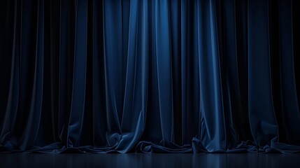 Realistic theater dark blue curtains with spotlight on stage, classic drapery template illustration