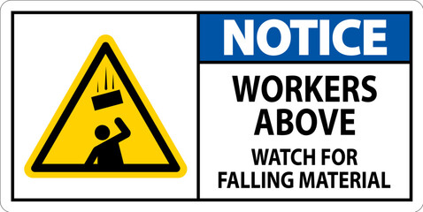Notice Sign, Workers Above Watch For Falling Material