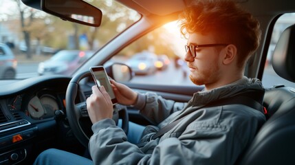 Irresponsible young man endangering lives by texting while driving, distracted driving concept - obrazy, fototapety, plakaty