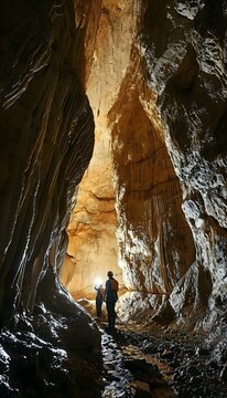 a couple of people that are standing in a cave