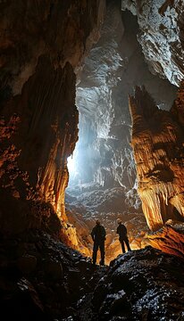 a couple of people standing in a cave