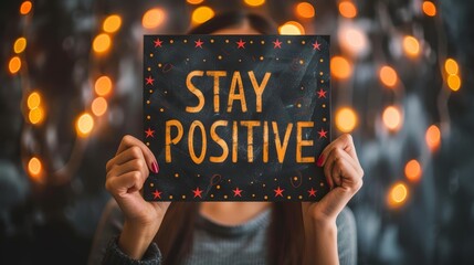 Motivational success concept   woman holding big sign  stay positive  on abstract blurred background - obrazy, fototapety, plakaty