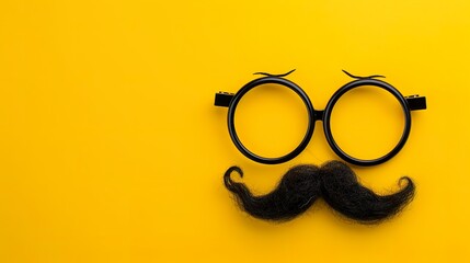 Illustration of a pair of comical glasses and mustache for April Fools' Day. Funny glasses in prank concept on yellow background. Happy April Fool's Day. - obrazy, fototapety, plakaty
