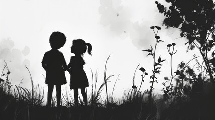 artistic rendering of siblings in silhouette, symbolizing the enduring love and support they provide each other, Two Children at Sunset in a Field of Wildflowers