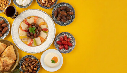Fototapeta na wymiar Turkish style Ramadan iftar menu on yellowscreen with empty space 