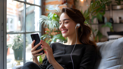 Cheerful Woman Relaxing with Smartphone and Wireless Earphones by Sunny Window