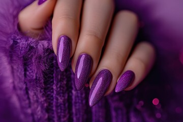 Woman hand with Purple color nail polish on her fingernails, Purple dress, Purple nail manicure with gel polish at luxury beauty salon. Nail art and design. Female hand model. French manicure.