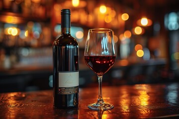 Wine tasting experience in the rustic cellar and wine bar: red wine glass and collection of excellent wines on the background