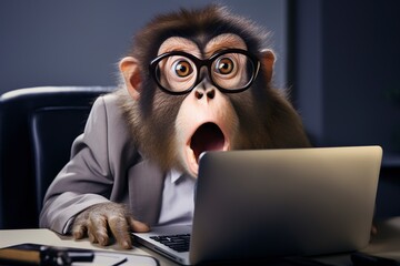 3D cartoon illustration,a monkey working on his laptop