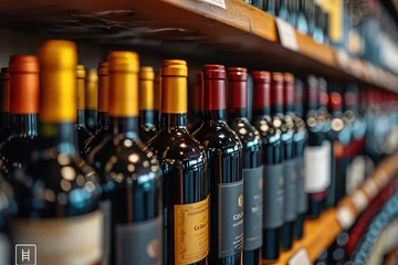 Foto op Plexiglas Wine bottles on liquor alcohol shelves bar background. Wine bottles with blank labels on the counter of a liquor store. Wine background. © Parvez