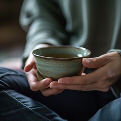 Fototapeta na wymiar Finding solace: A person on the journey of mental health recovery finds peace in a good book and comforting tea, fostering inner strength and healing.