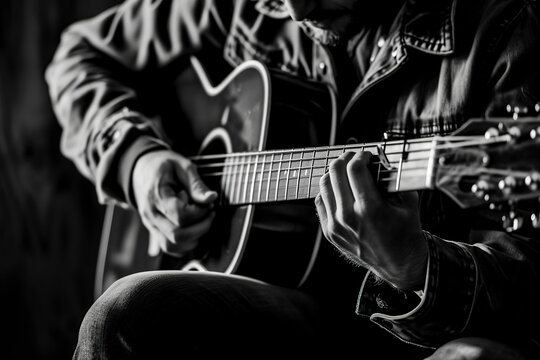 black and white, image of a man playing guitar