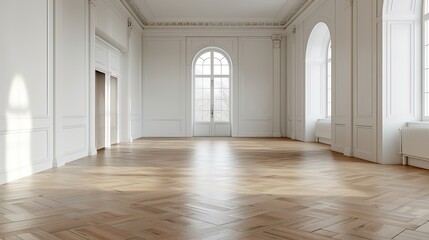 Empty sunlit room with wooden parquet floor.