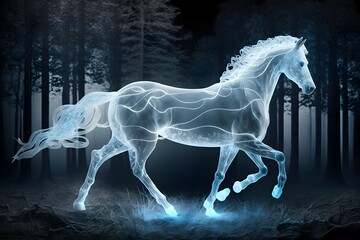 Obraz na płótnie Canvas casted patronus spell of an ethereal transparent incorporeal spectral ghostly spirit of a horse appearing in the air, anime, cartoon, cinematic, dynamic, cinematic lighting, highly detailed, powerfl,