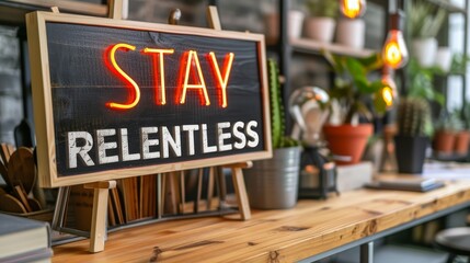 Motivational quote stay relentless on abstract blurred background, success and inspiration concept.