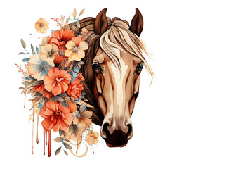 Image of brown horse head with colorful tropical flowers. Farm animals., Mammals.